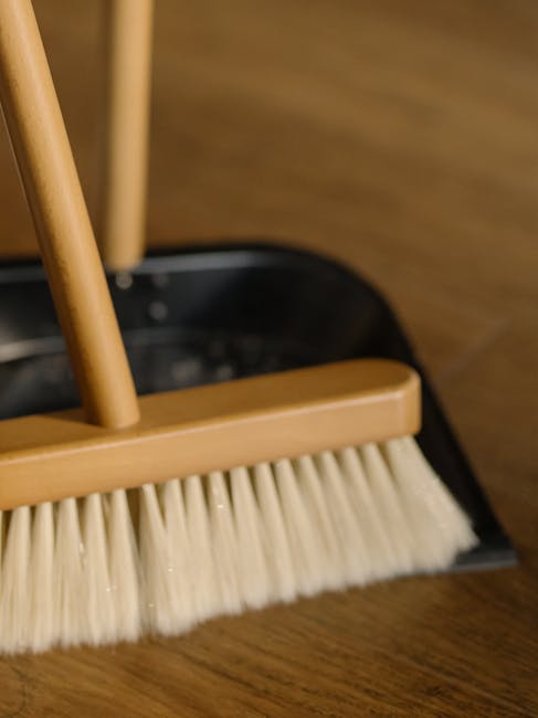 Close-up of a sweeping brush with cream-colored bristles and a wooden handle, positioned on a dark hardwood floor. The brush is part of a cleaning tool stored in a black dustpan, which is partially vi